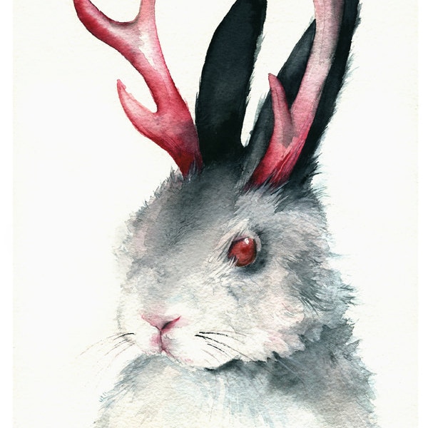 Rabbit, Jackalope Art- "Jack"  watercolor print, Jackalope art, Rabbit painting