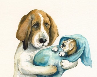 Norma's New Baby- nursey art, basset hound