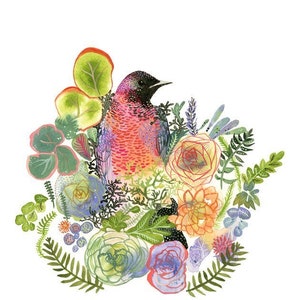 bird art, plants, colorful, peach, green, lavender,Grackle and Succulents Archival garden art print