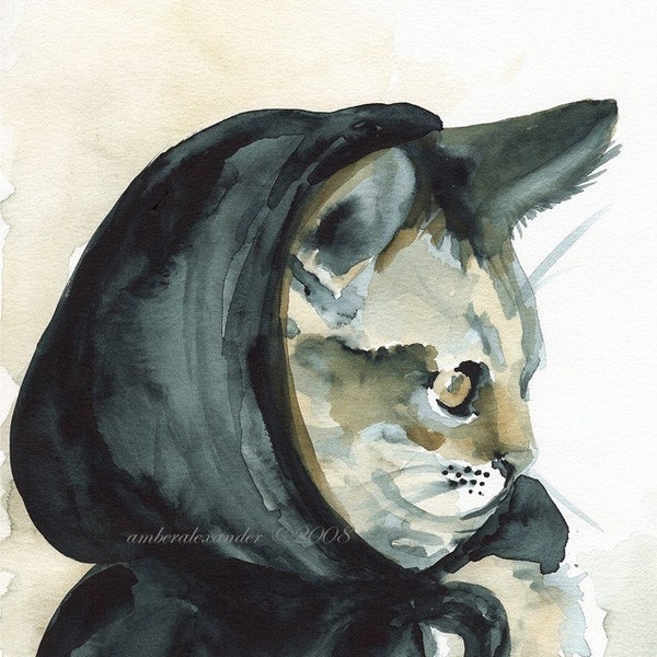cat art- little Inky Riding hood print of watercolor
