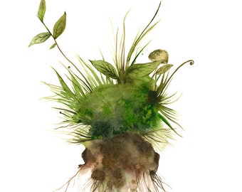 forest, art watercolor- Earth- Large moss, spring, green, Botanical Archival Art print of watercolor