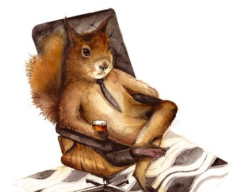 Squirrel art, squirrel art print, squirrel watercolor print, squirrel print, squirrel with drink, "Duncan"