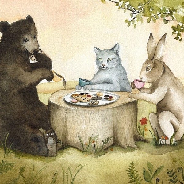 Cat, Bear, Rabbit "Tea Party", children, cat, bear, rabbit art