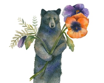 Bear with Pansies  watercolor print - Bear Art