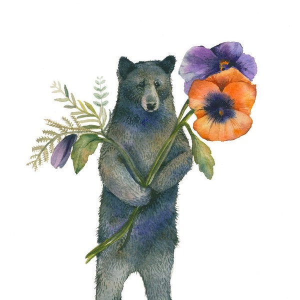 Bear with Pansies  watercolor print - Bear Art