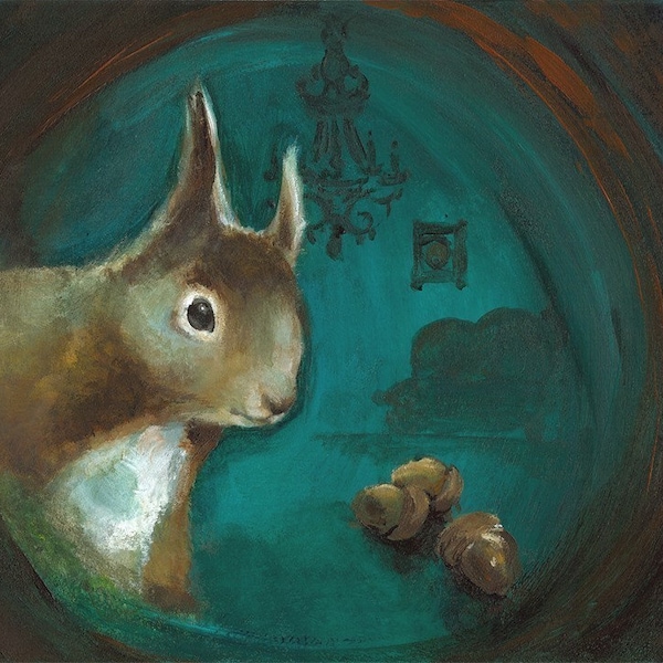 squirrel art - "Come On In"  (teal, woodland, whimsical, home)