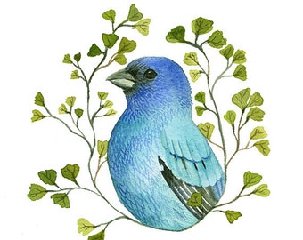bird art, bird painting, bird art print, bird watercolor-Indigo Bunting Portrait - Print of original watercolor