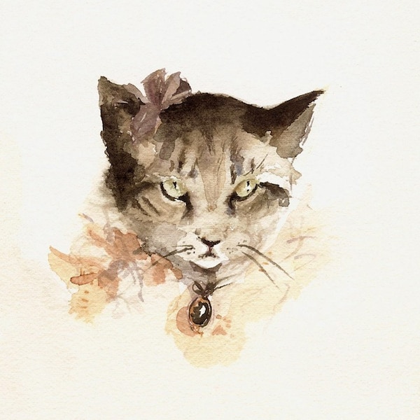 cat art,cat watercolor, cat print- nursery decor "Portrait of Mittens" cat painting