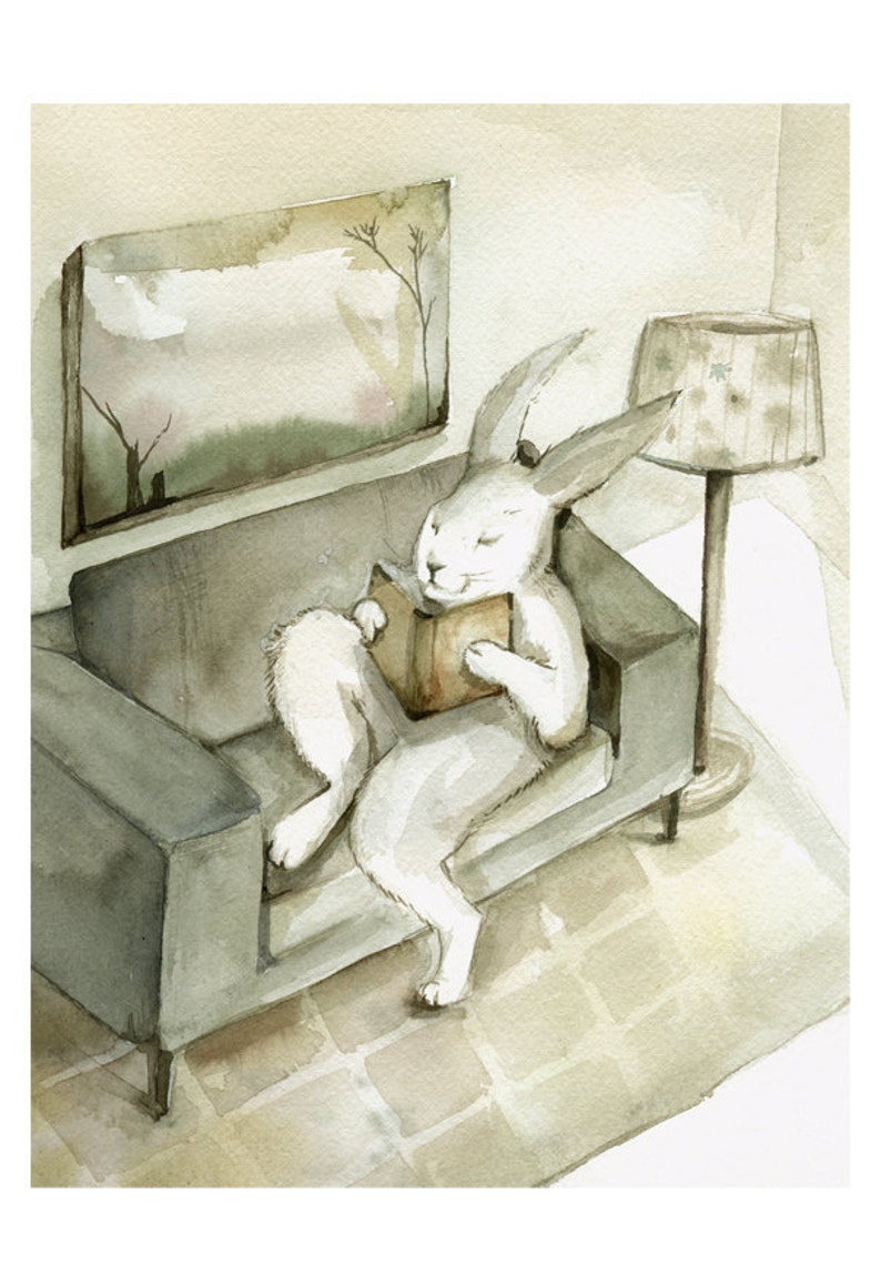 Rabbit Watercolor A Good Book Rabbit Art, Large Archival print image 2