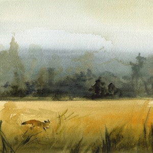 landscape painting, landscape watercolor, landscape art print, abstract landscape, fox watercolor, March Fox Print image 1