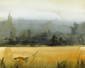 landscape painting, landscape watercolor, landscape art print, abstract landscape, fox watercolor, "March Fox"  Print