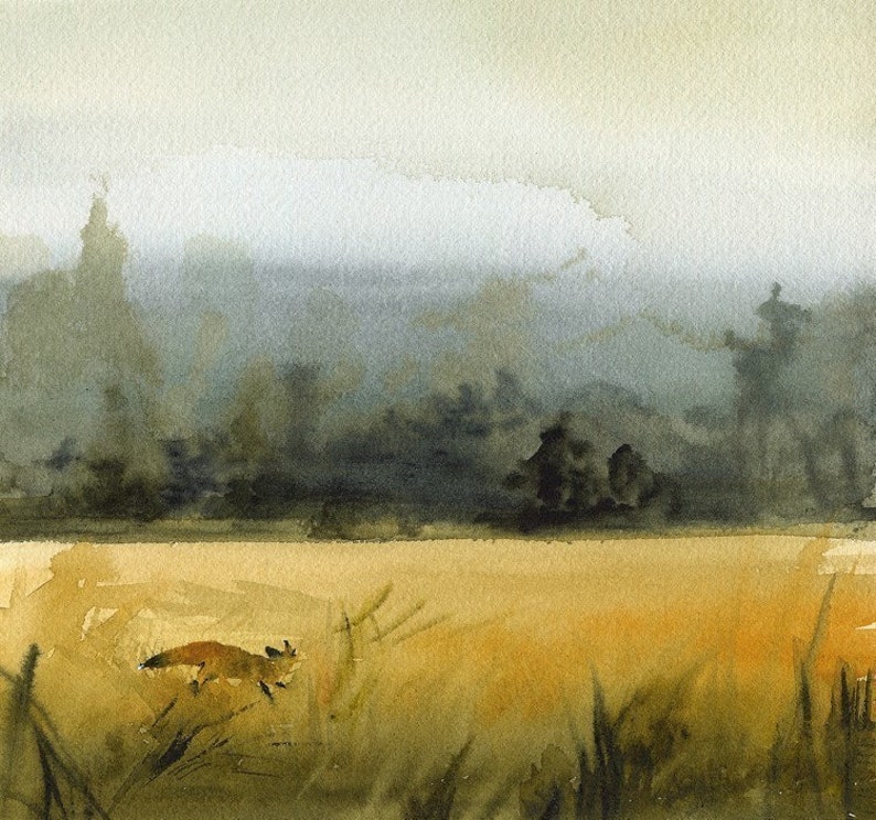 landscape painting, landscape watercolor, landscape art print, abstract landscape, fox watercolor, March Fox Print image 1