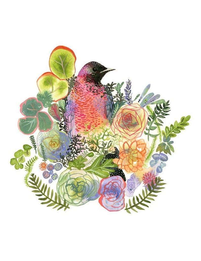 bird art, plants, colorful, peach, green, lavender,Grackle and Succulents Archival garden art print image 1