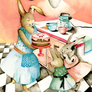watercolor painting - reproduction- Helping Mama- Limited Edition Print- children, rabbit art