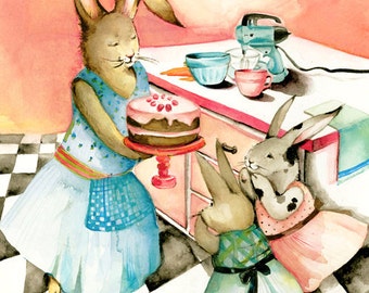 watercolor painting - reproduction- Helping Mama- Limited Edition Print- children, rabbit art