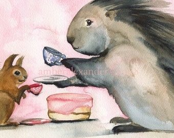 Hedgehog and Squirrel- children's room- Tea and Cake Archival Print