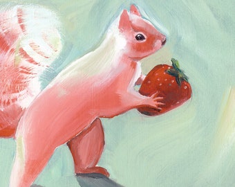 Jane Steals a strawberry- pink squirrel art