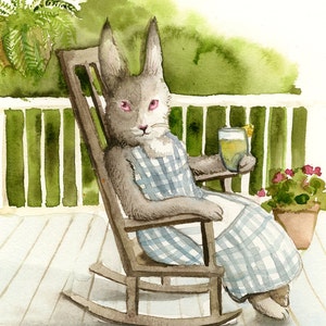 Rabbit Painting-  " On the Porch " print of original watercolor painting