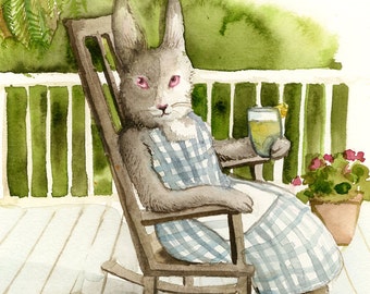 Rabbit Painting-  " On the Porch " print of original watercolor painting