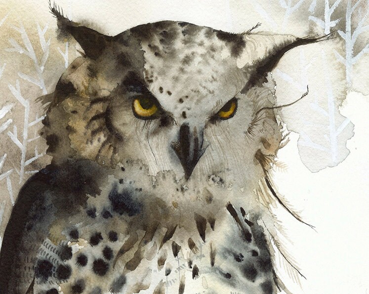 Owl painting, owl watercolor print, owl art print, Great Horned Owl- …