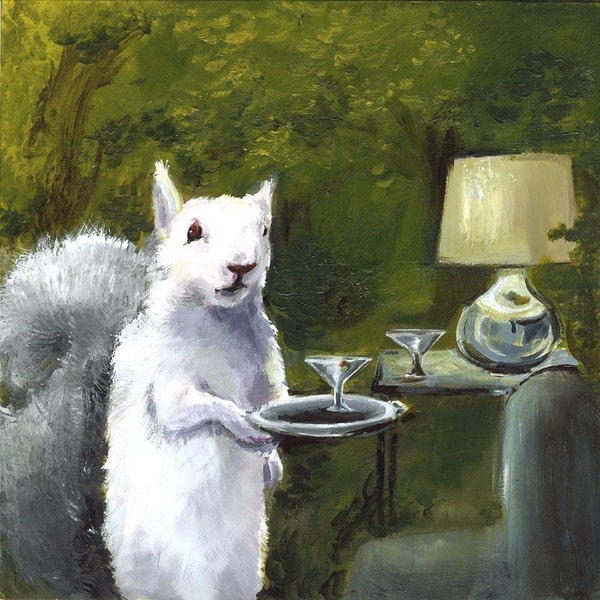 Squirrel Art, White Squirrel print, Albino Squirrel Art, squirrel with martini