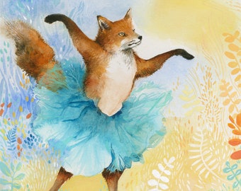 Dancer in Blue Print- Fox, ballerina, fox art, fox in tutu