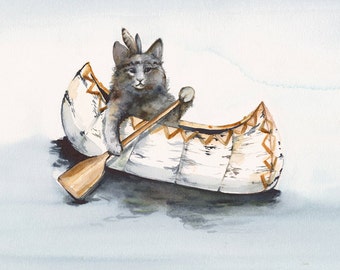 Cat Art - Cat Watercolor  - Little Brave Paddles a  Lot