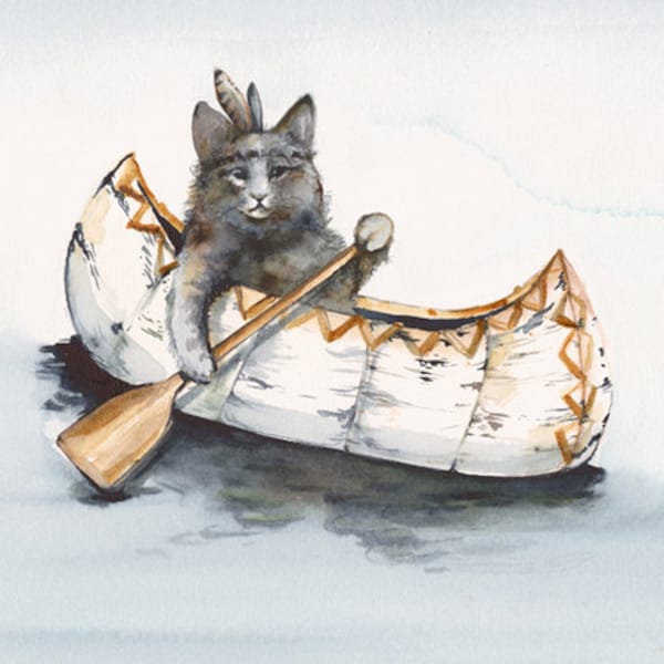 Cat Art - Cat Watercolor  - Little Brave Paddles a  Lot