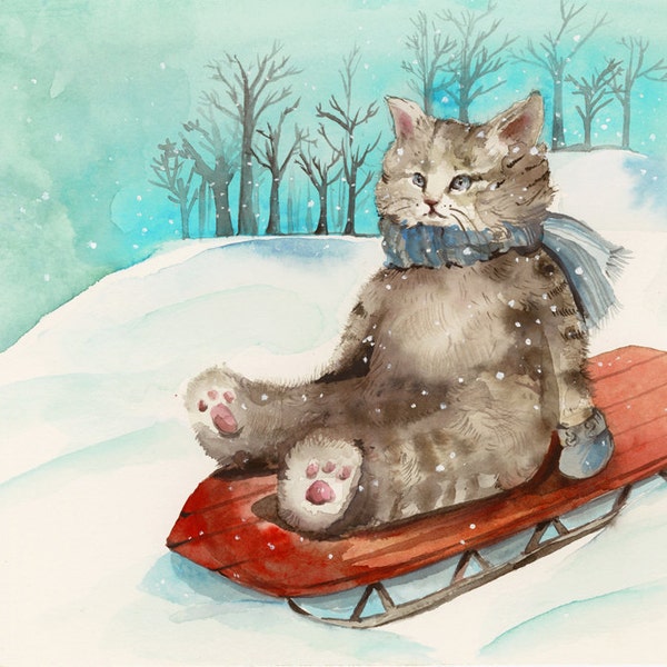 Sledding- Cat art, holiday, children, decor
