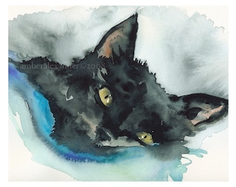 Black Cat Watercolor - "Nutcase Tucked In" Archival Print