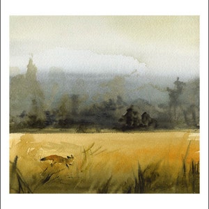 landscape painting, landscape watercolor, landscape art print, abstract landscape, fox watercolor, March Fox Print image 2