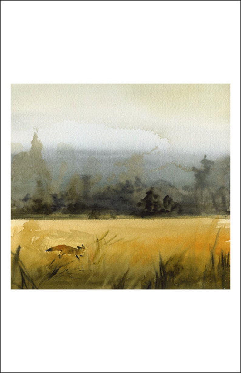 landscape painting, landscape watercolor, landscape art print, abstract landscape, fox watercolor, March Fox Print image 2