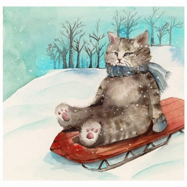 Sledding Cat - print of watercolor