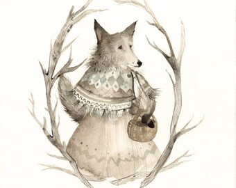 Wolf Art - Grey, neutrals, taupe, woodland- print of Watercolor painting- "October Wolf"