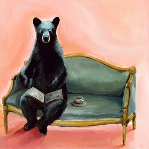 Black Bear Byron Print, bear reading book, bear on couch