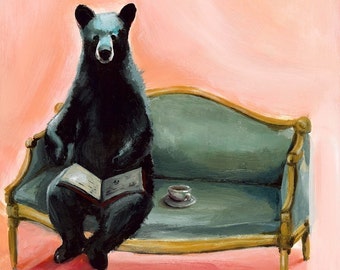 Black Bear Byron Print, bear reading book, bear on couch