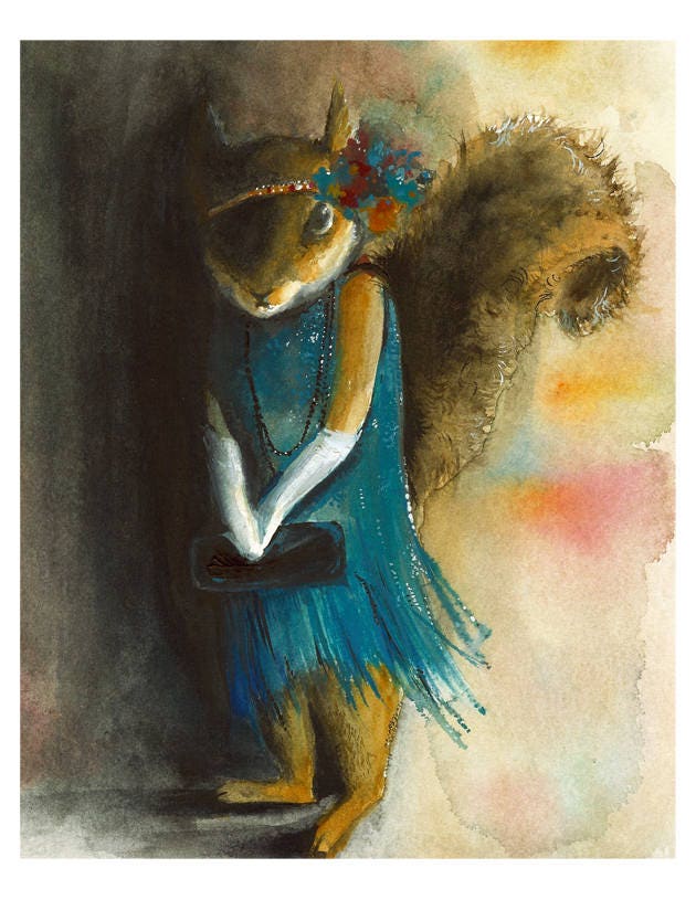 Olive- Flapper Squirrel Archival Print, art