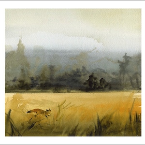 landscape painting, landscape watercolor, landscape art print, abstract landscape, fox watercolor, March Fox Print image 3