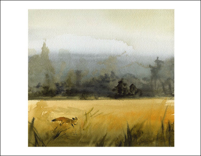 landscape painting, landscape watercolor, landscape art print, abstract landscape, fox watercolor, March Fox Print image 3