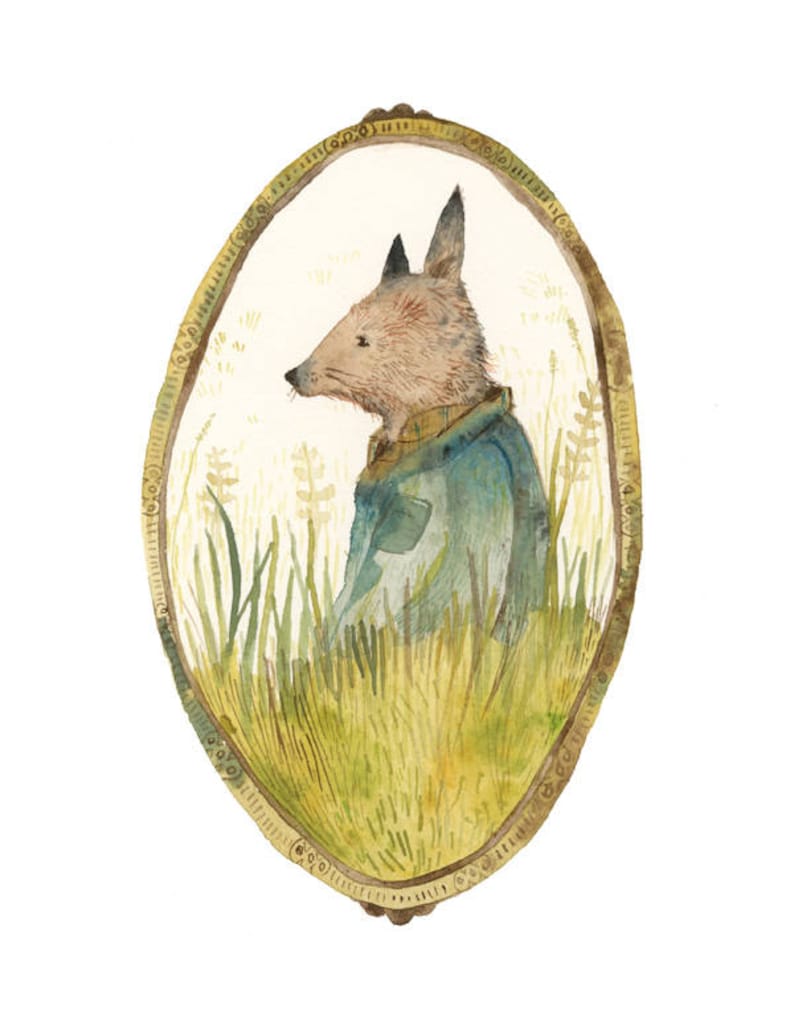 Fox, children's room art, whimsical animal art, Fox in the Field archival art print, fox art, woodland, forest image 1