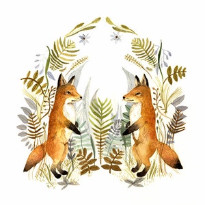 fox art, fox watercolor, Watercolor painting- reproduction- "Foxes and Ferns" print of watercolor painting