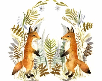 fox art, fox watercolor, Watercolor painting- reproduction- "Foxes and Ferns" print of watercolor painting