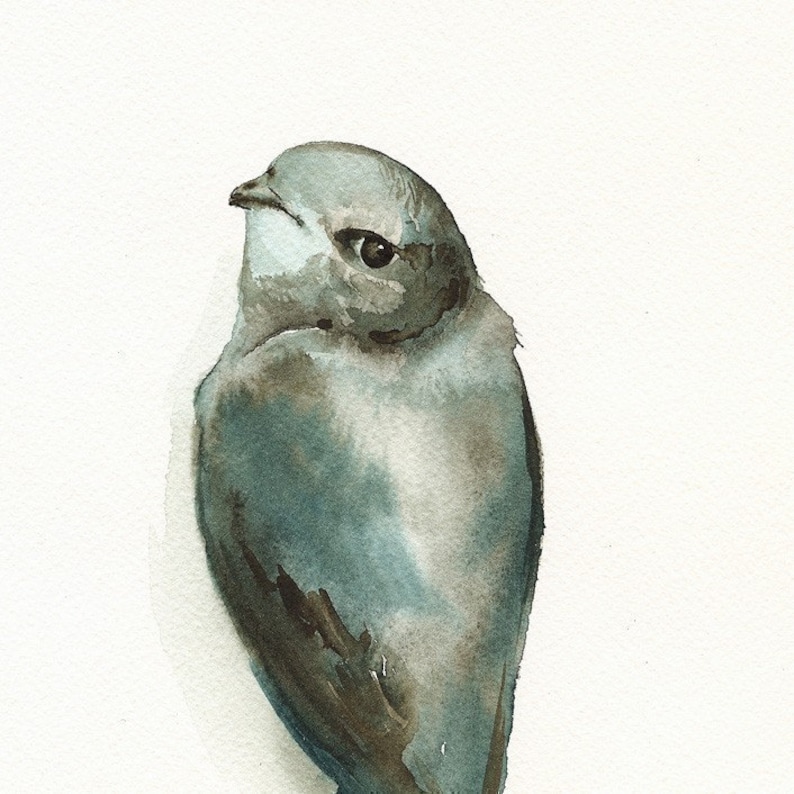 watercolor painting ,bird watercolor, decor, cottage, nature, grey, blue Miss Adorable Bird Art image 2