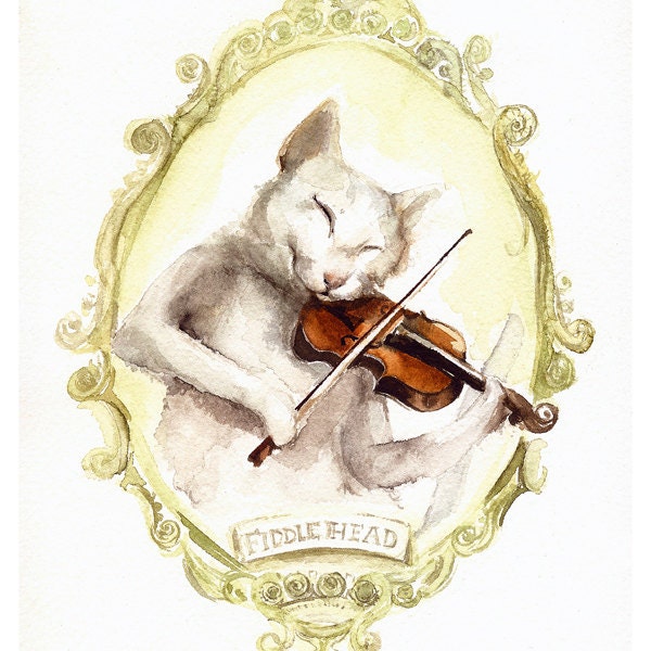 Cat Art- cat painting, print, cat playing Fiddle "Fiddlhead"