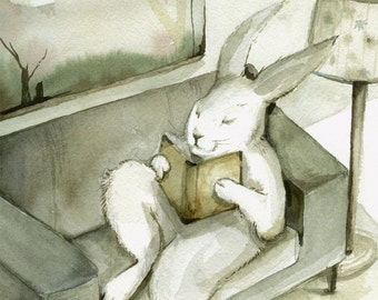 Rabbit Watercolor - A Good Book- Rabbit Art,  Large Archival print