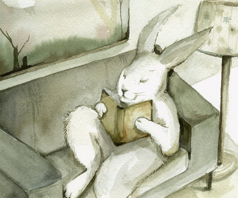 Rabbit Watercolor A Good Book Rabbit Art, Large Archival print image 1