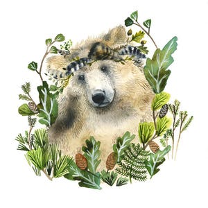 Bear and Evergreens -  watercolor print - Bear Art