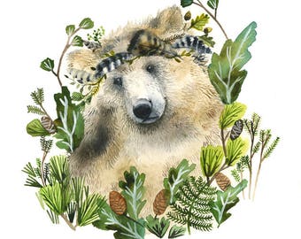 Bear and Evergreens -  watercolor print - Bear Art