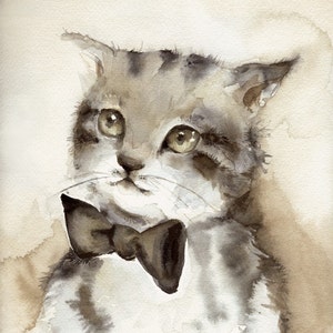 Cat Art-cat watercolor, -"Dreamer" Archival Print, children, decor, nursery decor, brown, grey