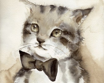 Cat Art-cat watercolor, -"Dreamer" Archival Print, children, decor, nursery decor, brown, grey